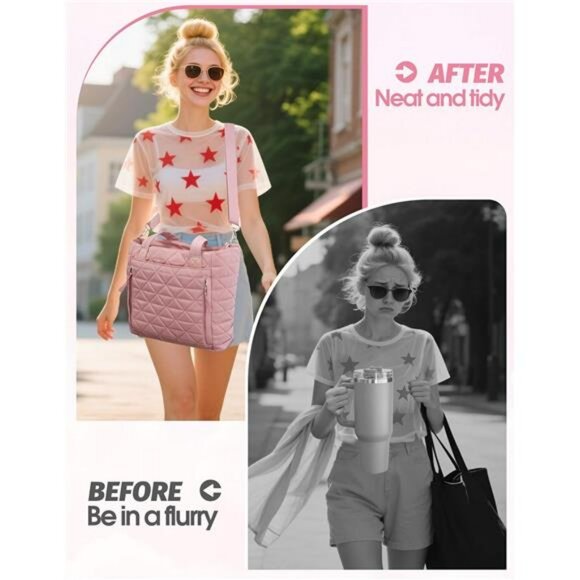 Quilted Puffer Tote Bag with Stanley Cup Holder Work Travel Carry On Purse - Picture 2 of 8